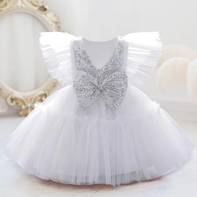 Baby White & Silver Frock With Side Frills – Brown.